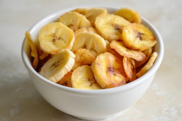 Crispy fried banana slices in a white ceramic bowl on a light surface, delicious snack
