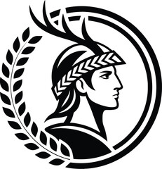 Stylized profile of a warrior with antlers in a laurel wreath emblem
