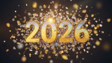 Golden 2026 numbers with falling confetti and bokeh lights against a dark background