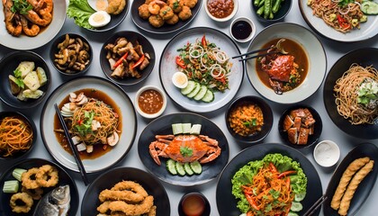 Top-down flatlay of an elaborate Thai food feast featuring fried and boiled seafood