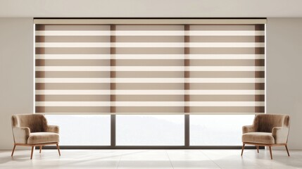 A modern living room with a large window and two beige armchairs.