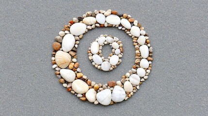 A spiral of white and brown shells on a gray surface.