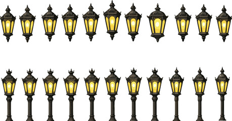 Vintage glowing street lantern collection with wall-mounted and pole-mounted designs, warm yellow light, isolated illustration set for decoration and design