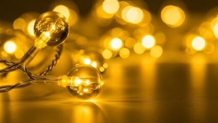 Golden LED string lights on textured dark surface