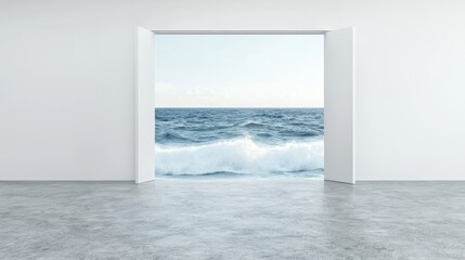 A white room with an open door leading to the ocean.