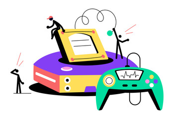 A flat style illustration depicting dreamcast console