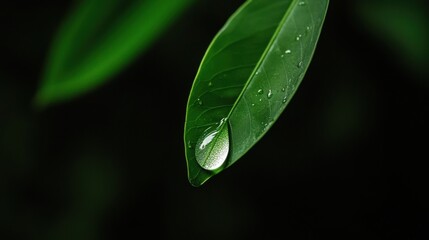 A single water droplet on a green leaf.