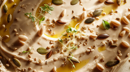 High-resolution macro photograph showcasing creamy hummus elements. Highlights texture, freshness, and natural ingredients, ideal for food photography, culinary blogs, vegan recipes, healthy eating
