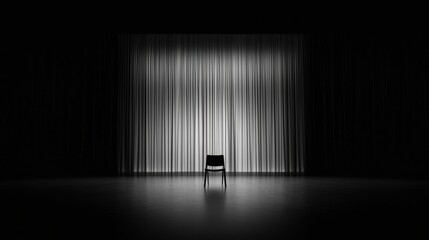 A black chair sits in the center of a stage, with a large light source behind it.