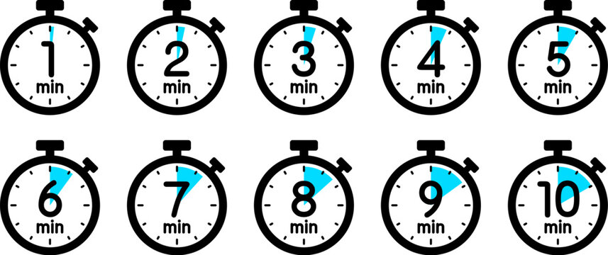 時間を示すストップウォッチのアイコン（stopwatch icon　1min/2min/3min/4min/5min/6min/7min/8min/9min/10min）
