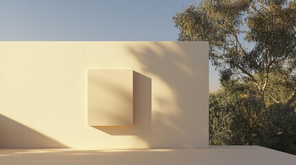 A minimalist white wall with a rectangular window and a tree in the background.