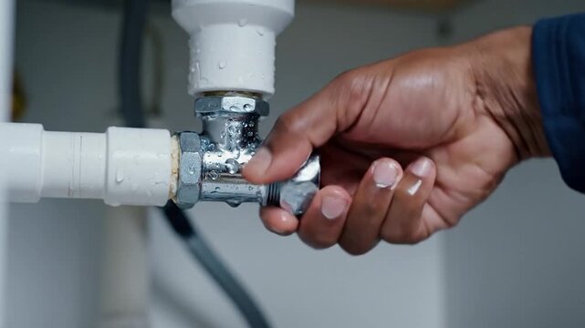 Hand adjusting leaky pipe fitting with water dripping from plumbing connection in home