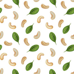 Watercolor cashew nuts seamless pattern. White background. For design, backgrounds