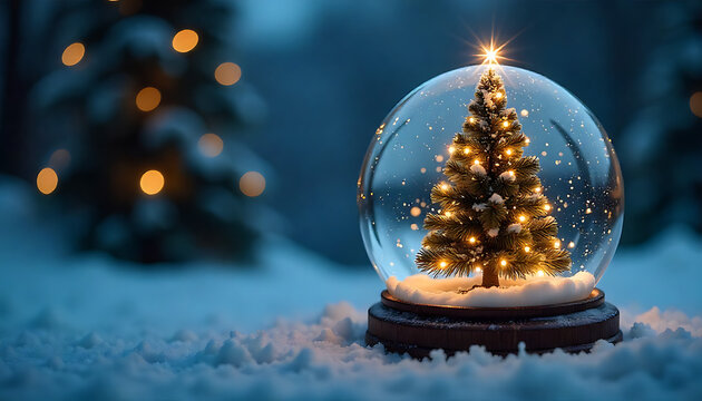 Christmas tree inside a snow globe, perched on a snowy surface with a warm, golden glow, 4K and HD image - Powered by Adobe