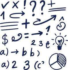 Hand-drawn sketch symbols, casual icon set, arrows and punctuation marks, creative diagram elements, educational chart graphics, presentation design assets