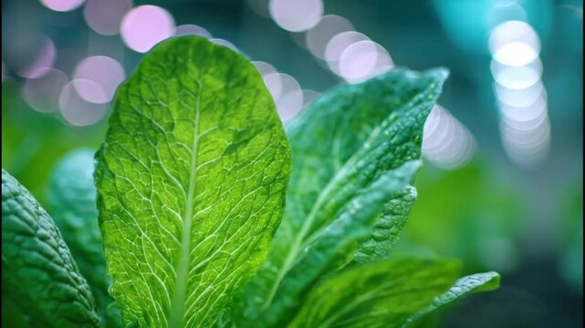 A serene and vibrant close-up shot captures the lush detail of fresh green leafy plants, showcasing their intricate vein patterns and healthy texture. The background features a soft, ethereal bokeh ef