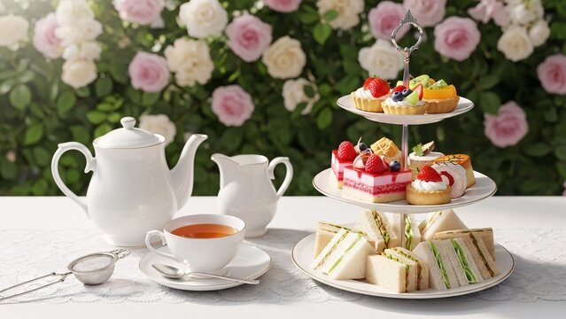 Elegant outdoor afternoon tea setting with white teapot, teacup, pitcher, a tiered stand of sandwiches, tarts, and cakes against a rose garden