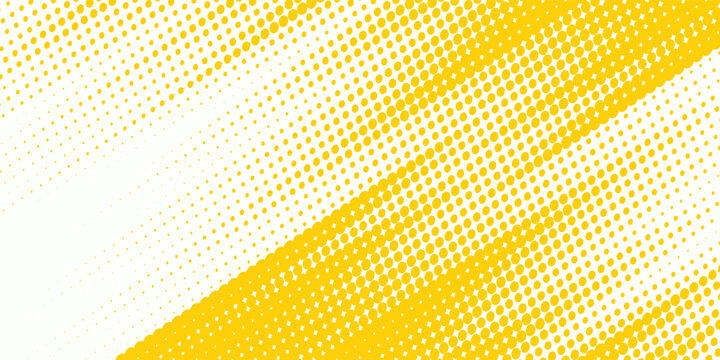 Yellow halftone corner gradient texture. Fading cartoon polka dot background. Dotted tilted gradation pattern. Fading comic pop art overlay backdrop. Vector slant frame halfton patern effect wallpaper
