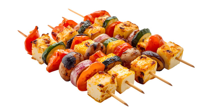 vegetable shish kebab on skewers on white background