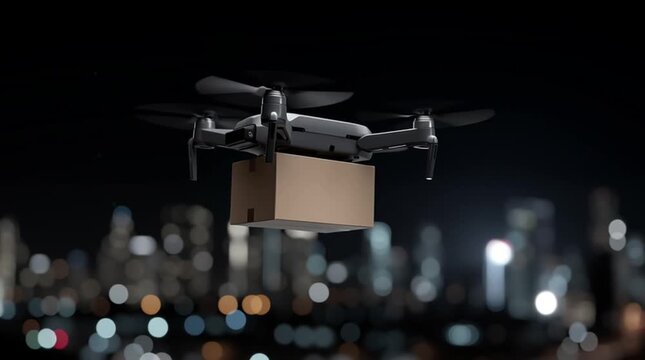 Delivery drone carrying package flying over city at night with bokeh lights futuristic logistics concept