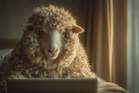 Bright morning, sheepish fear: a digital dilemma. Crypto danger alert. Crypto trading explained: hope, hype and hidden pitfalls. Trading crypto guide. Bright room.