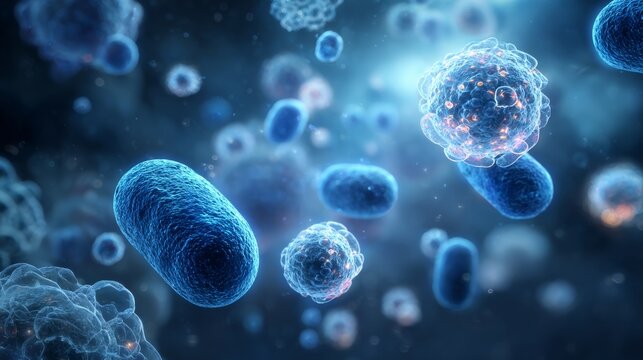 blue background with glowing blue and white spherical shapes, cell 