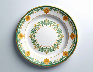 Elegant table setting. Ceramic plate with a green and gold pattern on a white background. Porcelain kitchenware. Close-up. Top view.