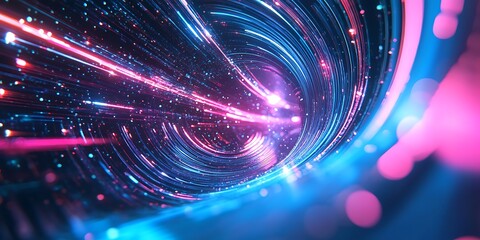 Abstract light tunnel with glowing pink and blue streaks creating a vortex effect in the darkness