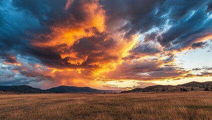 Dramatic Sunset over Rolling Hills and Mountains with Vibrant Orange Clouds and Golden Grass Field Landscape