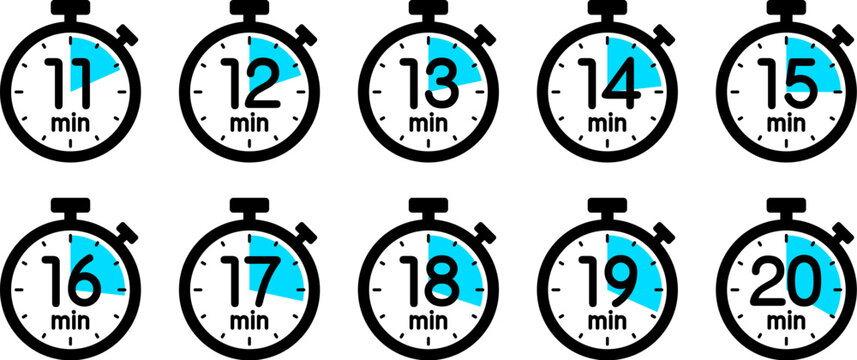 時間を示すストップウォッチのアイコン（stopwatch icon　11min/12min/13min/14min/15min/16min/17min/18min/19min/20min）
