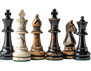 Close-up of intricately carved chess pieces, arranged against black