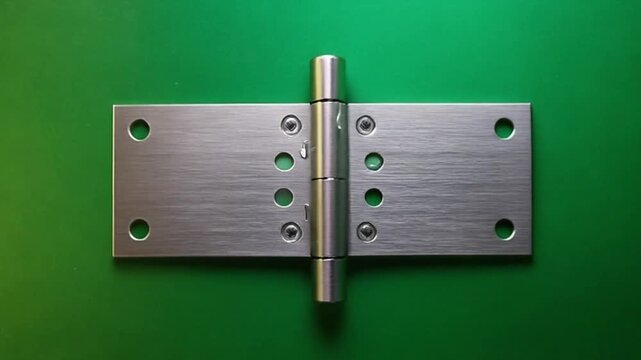 Metal hinge with visible screws on a green surface.