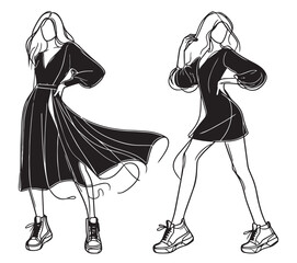 Girl in long black dress. Abstract Fashion sketch
