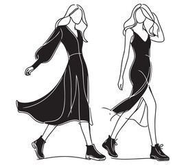 Girl in long black dress. Abstract Fashion sketch