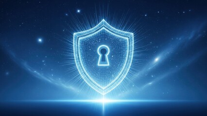 Glowing blue shield with keyhole icon on dark background with stars and radiant light effect