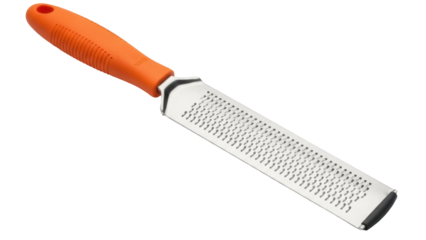 Isolated long metal grater with orange handle for food preparation, cooking tasks at home