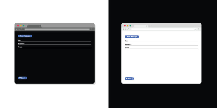 Email and messaging interface. Mail client new message window desktop user interface layout vector UI template illustration set. Light mode and dark mode