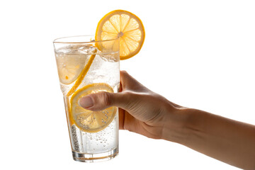 Glass of Clean Water with Lemon Slice in Hand on White Background