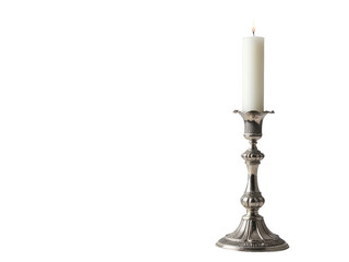 A single lit silver candle sits on a clean white background.transparent background