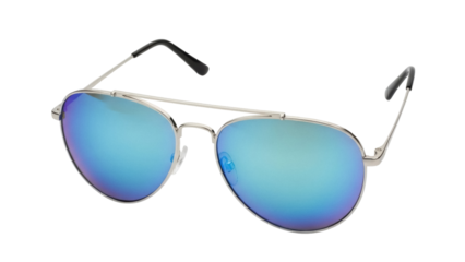 Isolated sunglasses with silver metal frames and cool reflective blue gradient lenses on display