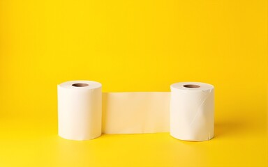 toilet paper rolls on yellow background. everyday objects in copy space. shortage of raw materials during period of coronavirus. a popular product on market. delivery of goods for house. High quality
