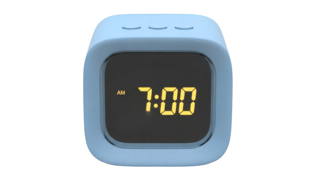 Isolated blue digital alarm clock shows the time seven AM or PM, for waking up early