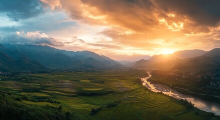 Serene Mountain Landscape with River, Green Fields, and Vibrant Sunset Sky
