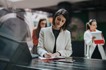 A focused woman writes in a notebook at a sleek desk with a laptop in a busy, modern workspace. In the background, colleagues work, suggesting collaboration, planning, and everyday office life.
