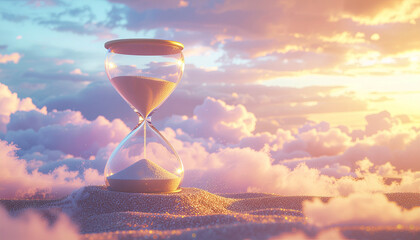 Magical Hourglass Floating Amidst Dreamy Pastel Clouds at Sunrise