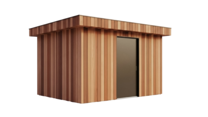 Isolated small wooden cabin in the summer, a modern design with a dark door, minimalist style