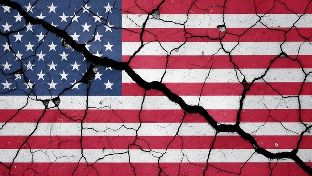 Cracked and fractured american flag texture symbolizing national division political turmoil and societal breakdown