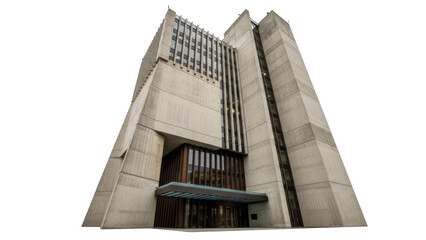 Isolated Brutalist architecture from below in concrete against clear sky, building exterior © Eva