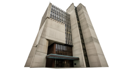 Isolated Brutalist architecture from below in concrete against clear sky, building exterior