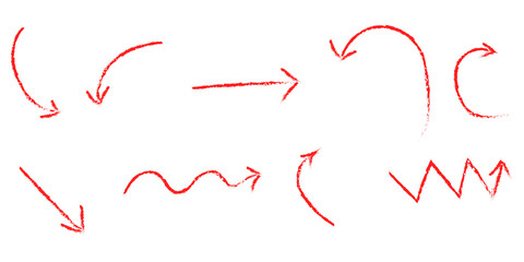Hand drawn set of red arrows on isolated transparent background. doodle curve, grunge stroke arrows for graphic elements